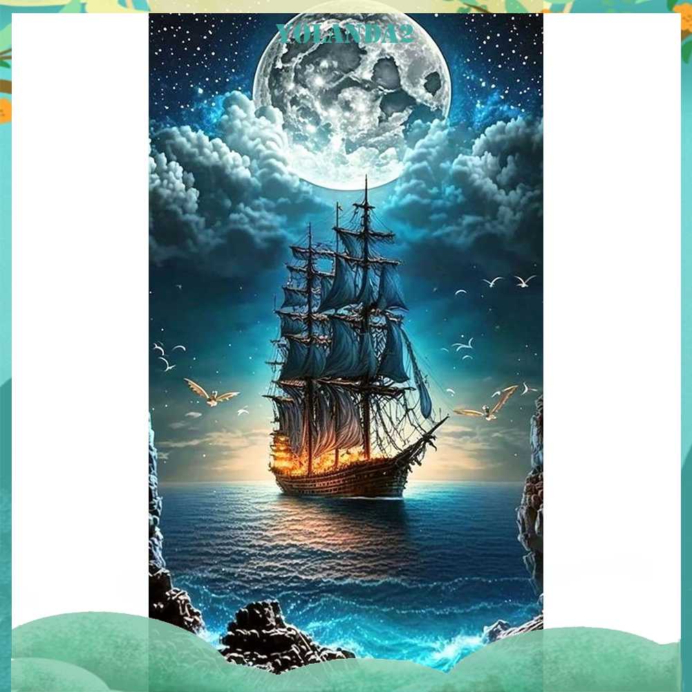 Tranh Đính Đá Kim Cương Toàn Bộ 5D DIY Hình Vẽ Thuyền Buồm Trang Trí Nhà Cửa