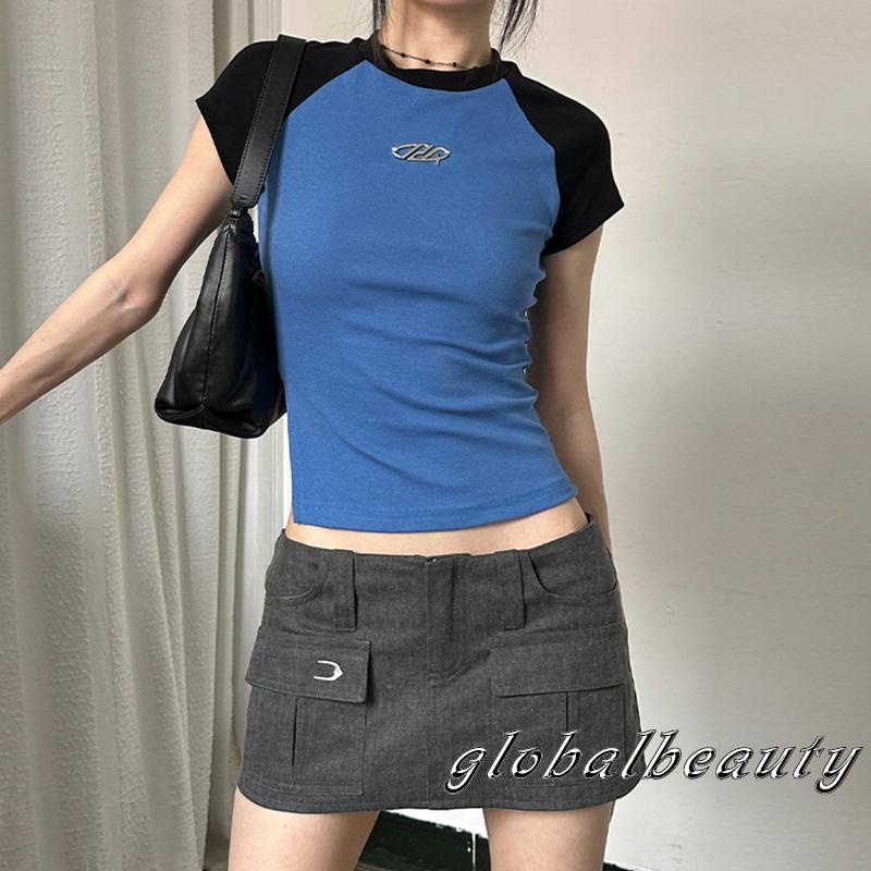 Áo Thun Croptop Ngắn Tay Cổ Tròn Màu Sắc Tương Phản Thời Trang Xuân Hè