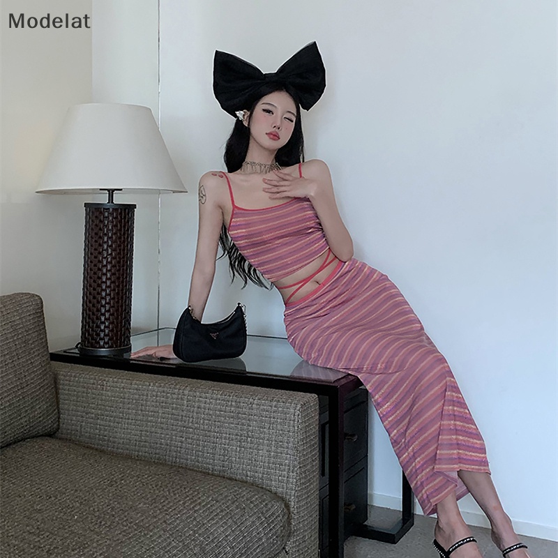 Mfc Set Áo Quần Dệt Kim Kẻ Sọc Thời Trang Mùa Hè Cho Nữ