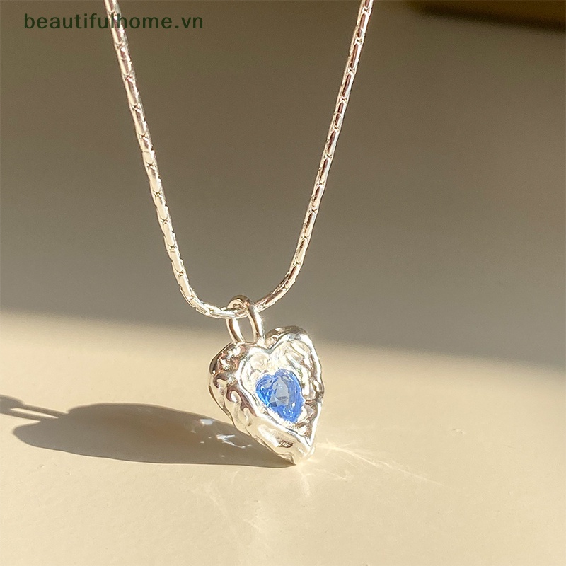 Vòng cổ Bạc Mặt Trái Tim Đính Pha Lê Xanh Dương Thời Trang Hàn Quốc Cho Nữ