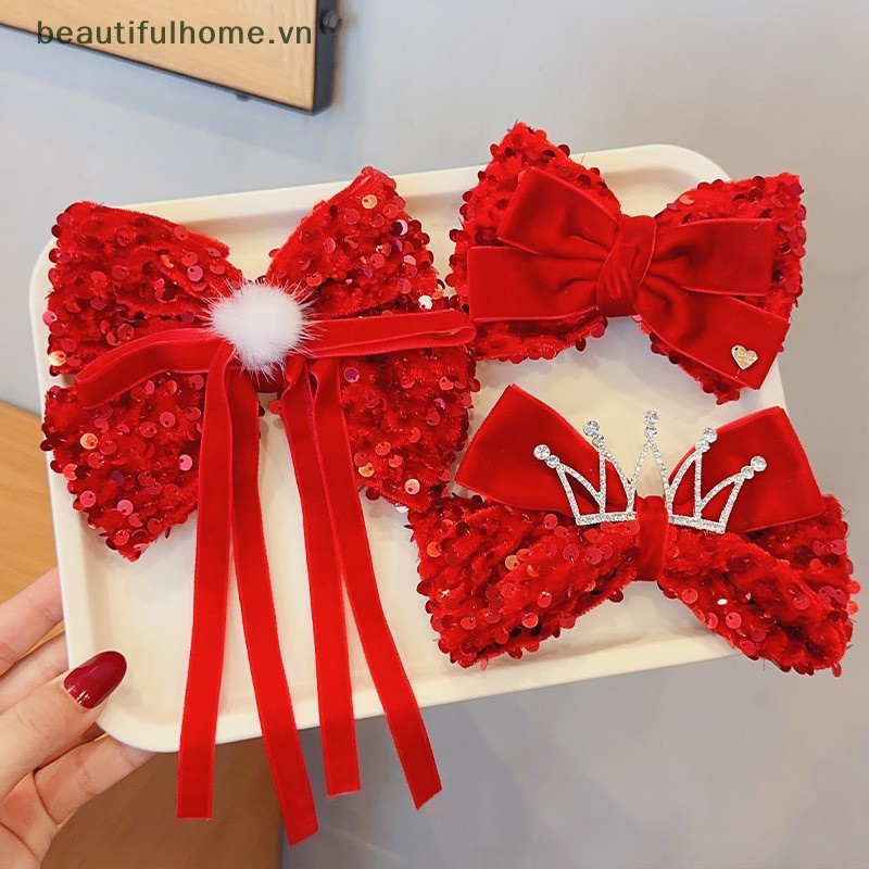 Kẹp Tóc Nơ Tua Rua Cho Bé Gái Màu Đỏ Mừng Năm Mới
