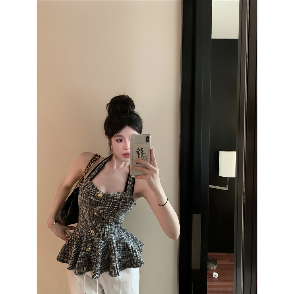 Áo Hai Dây Vải Tweed Dáng Ôm Thời Trang Mùa Hè Quyến Rũ Cho Nữ