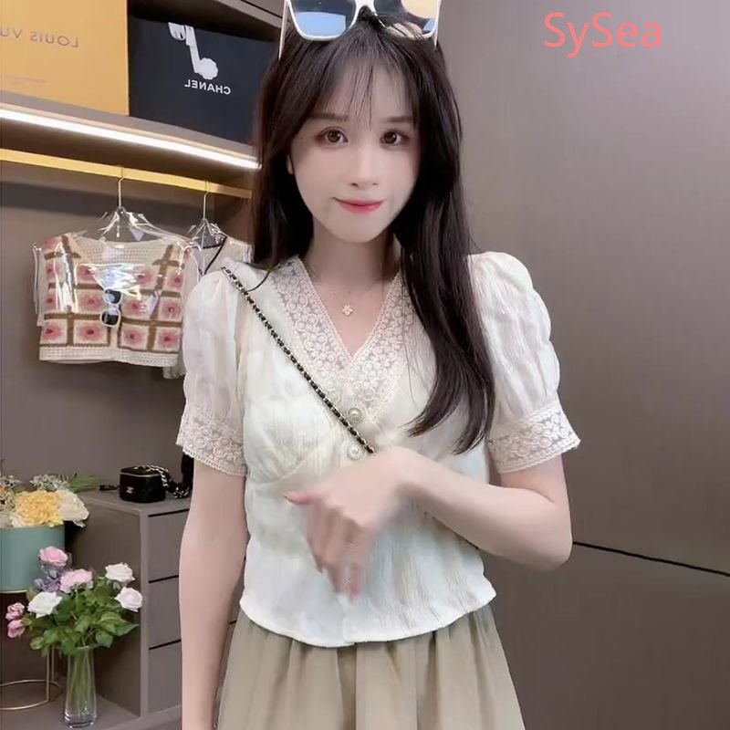 Áo Kiểu Tay Phồng Cổ Chữ V Phối Ren Phong Cách Retro Pháp