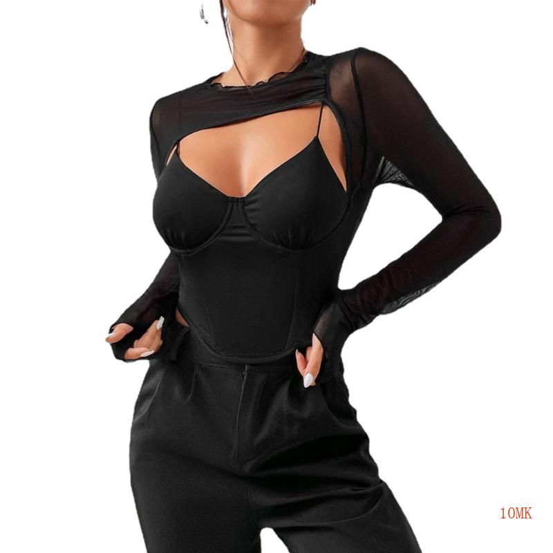 Xiangbao Áo Thun Crop Top Ôm Dáng Phối Lưới Ghép Nối Phía Trước Hình Xương Cá