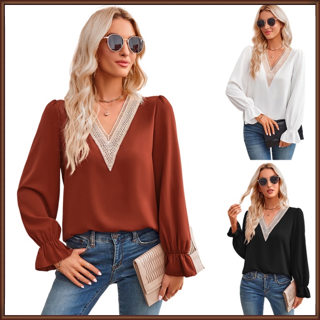 Áo Kiểu Tay Dài Cổ Chữ V Màu Sắc Thanh Lịch Dành Cho Nữ