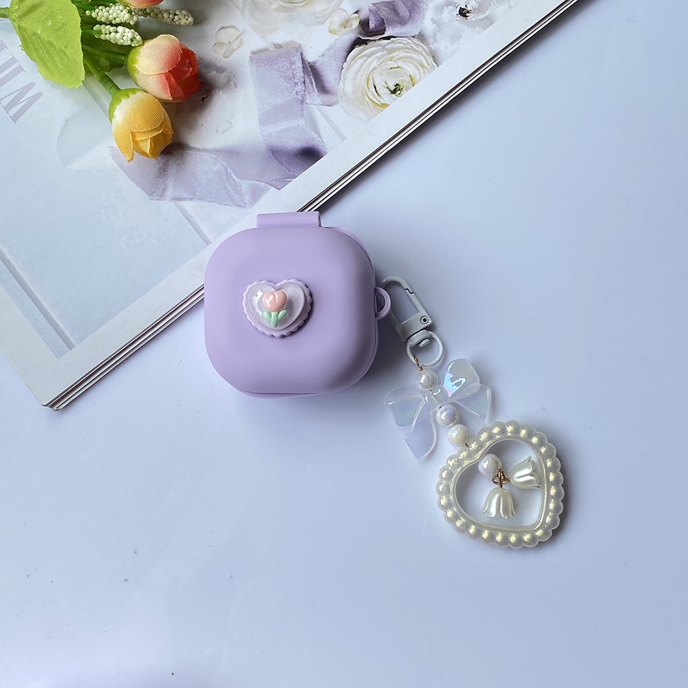 Vỏ Bảo Vệ Hộp Sạc Tai Nghe Samsung Galaxy buds live / buds 2 pro Galaxy buds 2 Bằng Silicon Họa Tiết Hoa tulip Dễ Thương Kèm Móc Treo Chìa Khóa