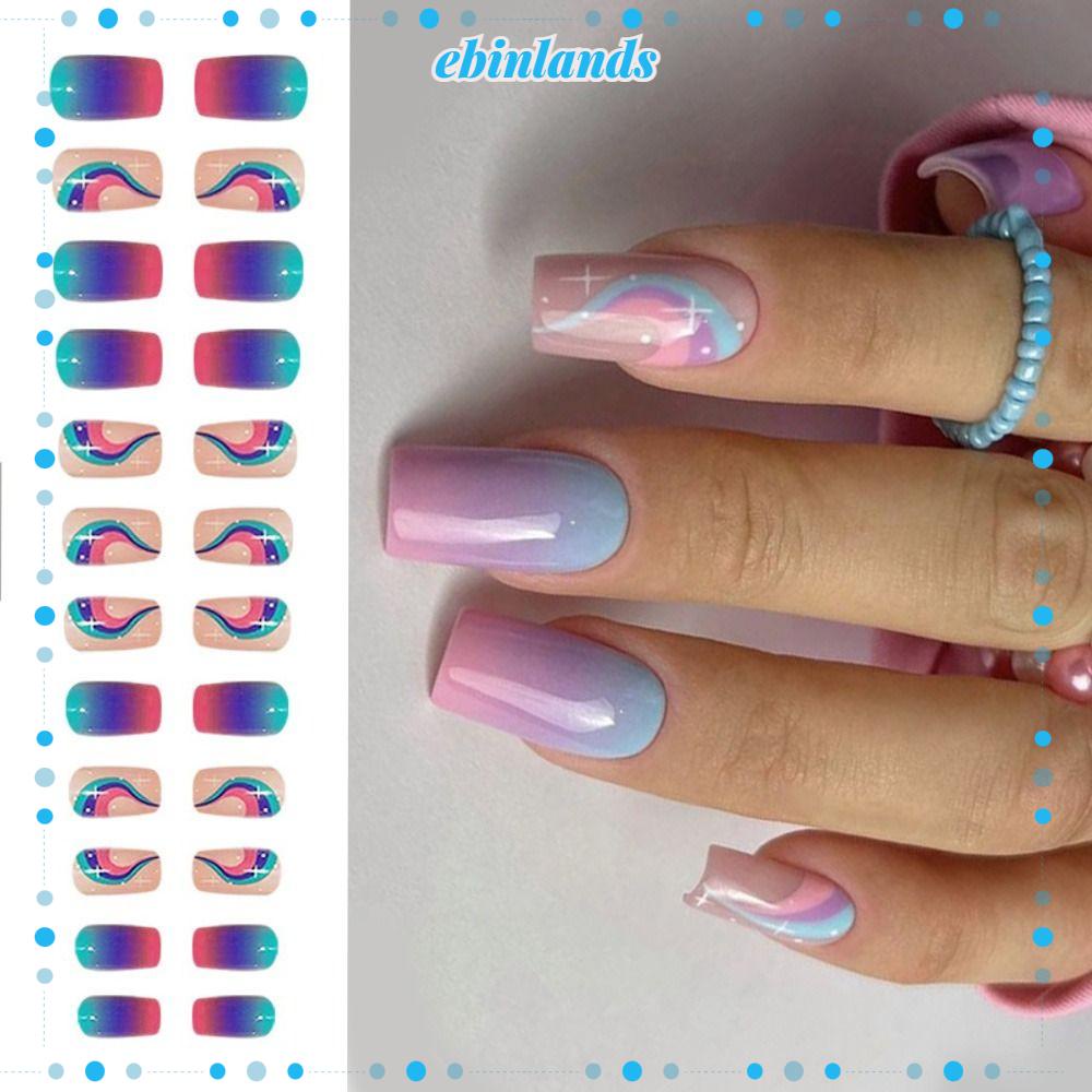 Bộ 24 Móng Tay Giả Màu Cầu Vồng / Ngôi Sao / Ngôi Sao Xinh Xắn DIY