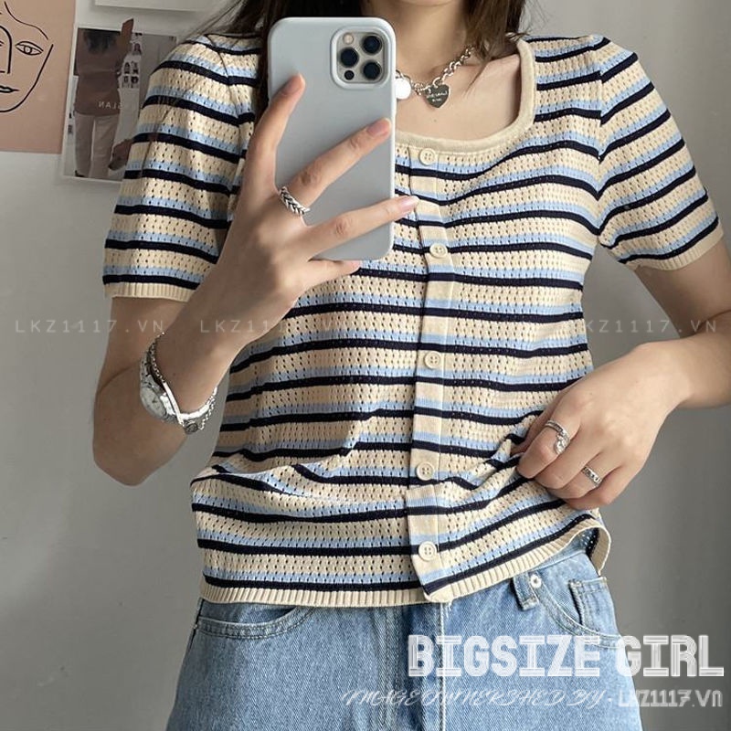 Áo thun Bigsize Áo kiểu nữ form rộng kẻ sọc tay ngắn cổ vuông mùa hè Phong cách Hàn Quốc Thời Trang đẹp