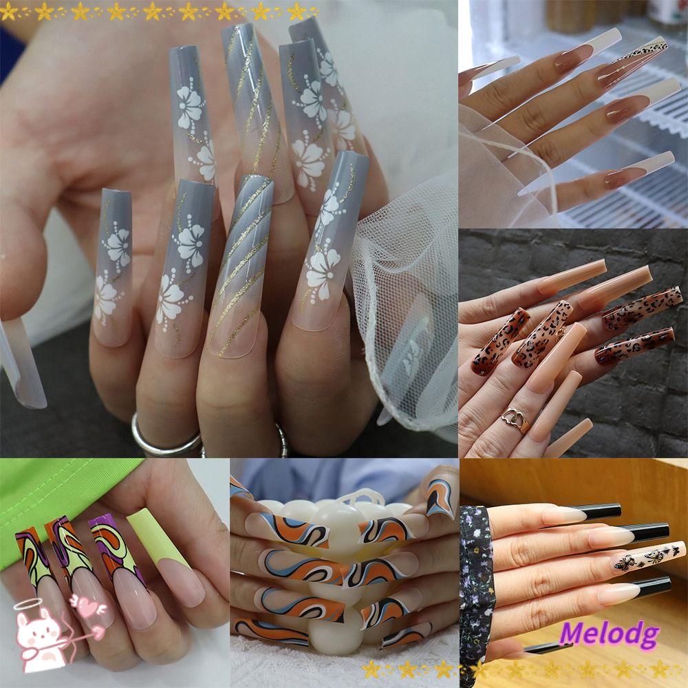 Bộ 24 Móng Tay Giả Dáng Dài Che Phủ Toàn Diện Tháo Rời Được Họa Tiết Hoa &amp; Bướm Kiểu Pháp