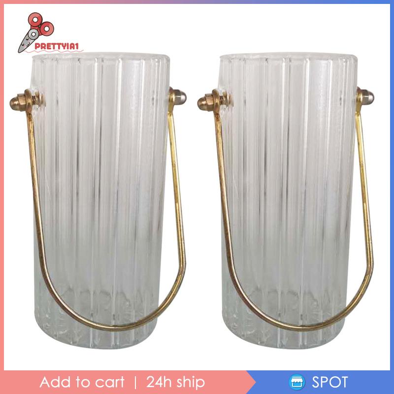 [Prettyia1] Bình Hoa Thủy Tinh Trong Suốt Hình Trụ Với Tay Cầm Kim Loại Kẻ Sọc Tròn