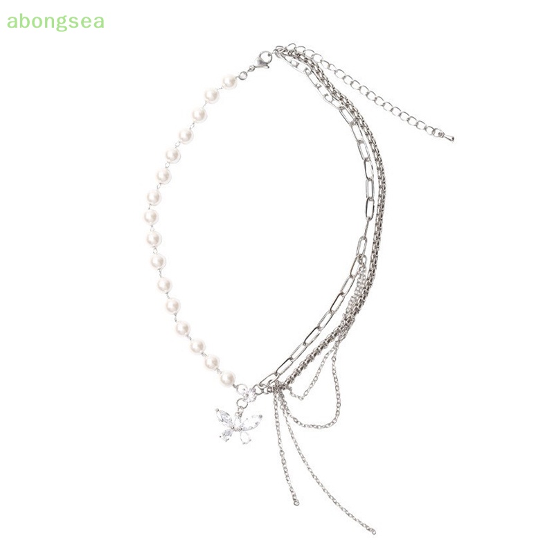 Abongsea Vòng cổ Nhiều Lớp Mặt Hình Bướm Đính Đá Zircon Ngọc Trai Thời Trang Dành Cho Nữ