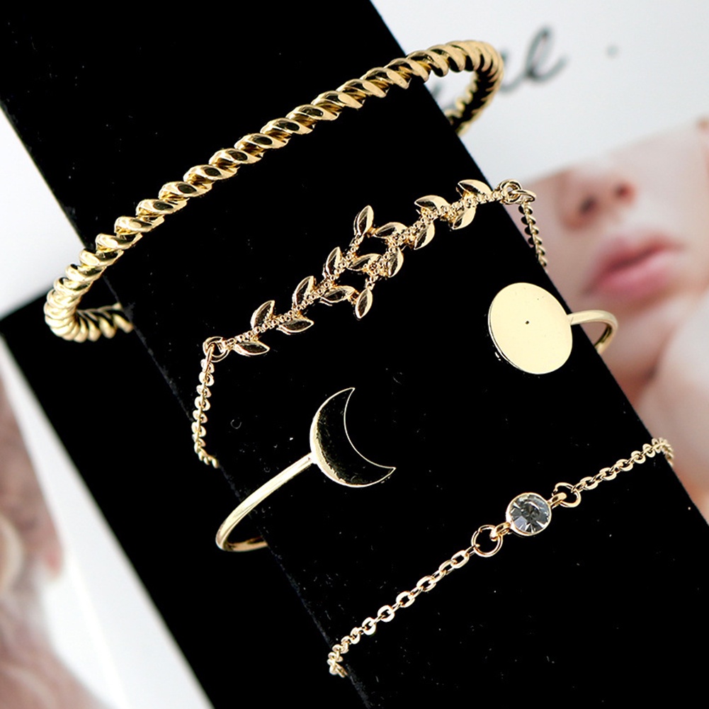 Set 4 Vòng Tay Hở Hình Mặt Trăng / Chiếc Lá Thời Trang Cho Nữ
