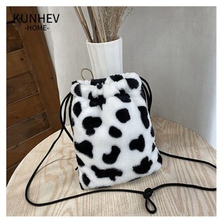 KUNHEV Túi đeo chéo dây rút mini bằng vải nhung in họa tiết bò sữa dễ thương thời trang mùa đông cho nữ