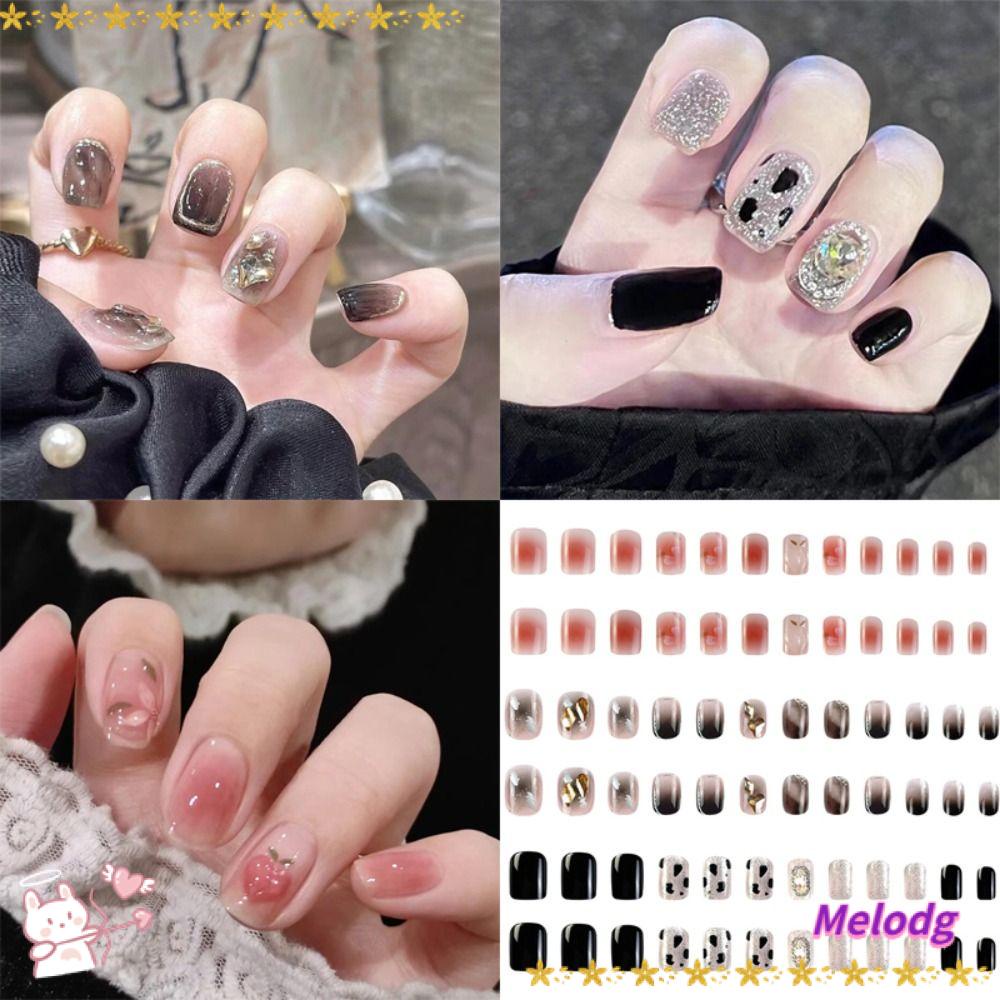 MELODG Móng Tay Giả Đầu Tròn Dạng Nhấn Có Thể Tháo Rời Phong Cách Pháp Cho Nữ