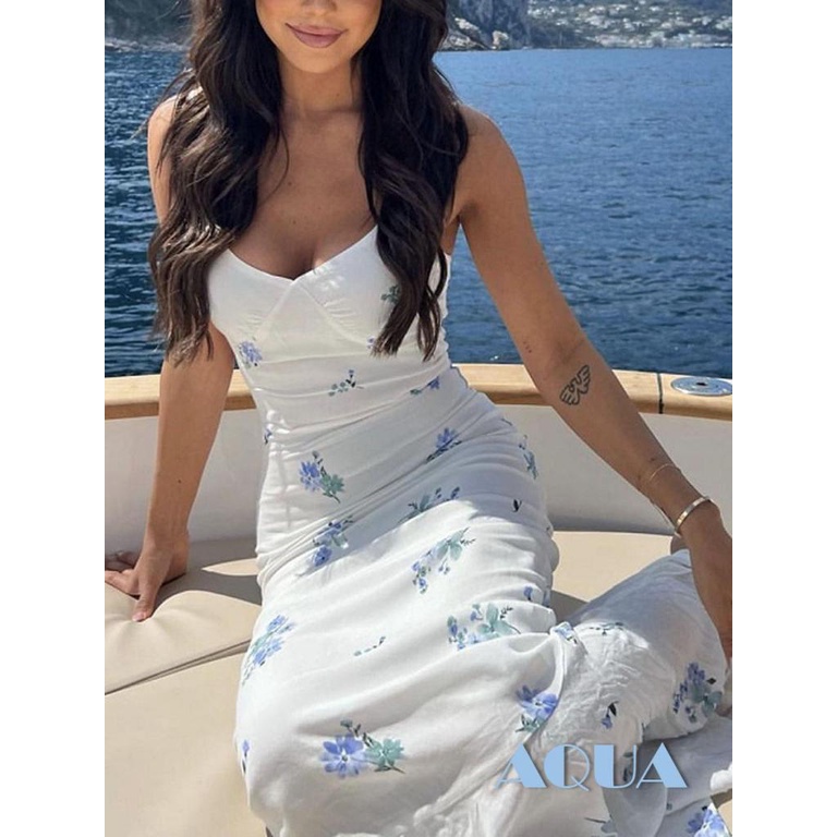 Đầm Dài Không Tay Cổ Chữ V Họa Tiết Hoa Hở Lưng Thời Trang Mùa Hè Cho Nữ