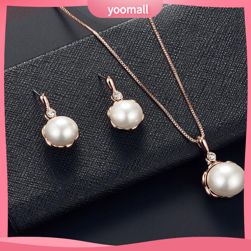 Bộ Vòng cổ + Bông Tai Đính Ngọc Trai &amp; Kim Cương Giả Cho Cô Dâu