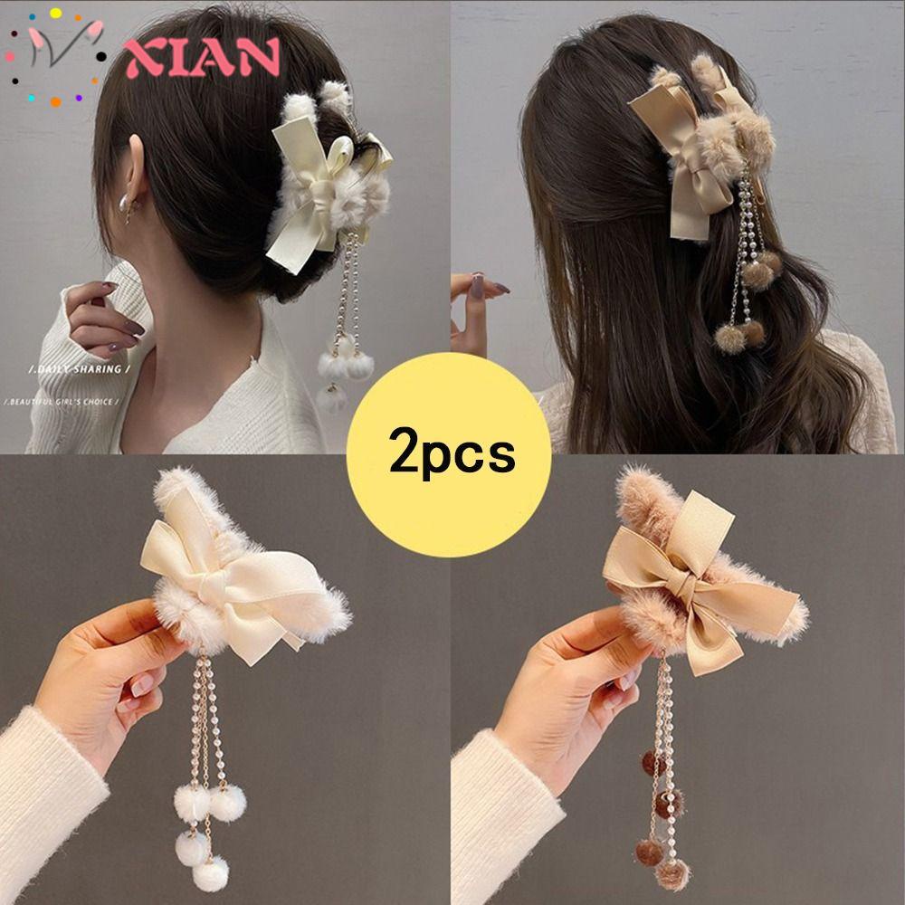 XIANTIN Set 2 Kẹp Tóc Nơ Bằng Lông Giả Trang Trí Tóc Thời Trang Mùa Đông