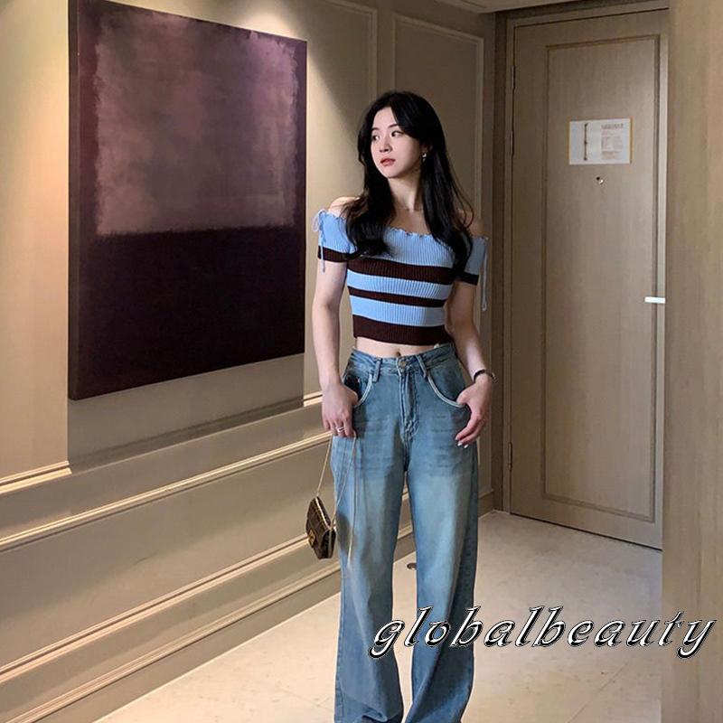 Áo Croptop Dệt Kim Trễ Vai Tay Ngắn Họa Tiết Kẻ Sọc Thời Trang Mùa Hè Cho Nữ