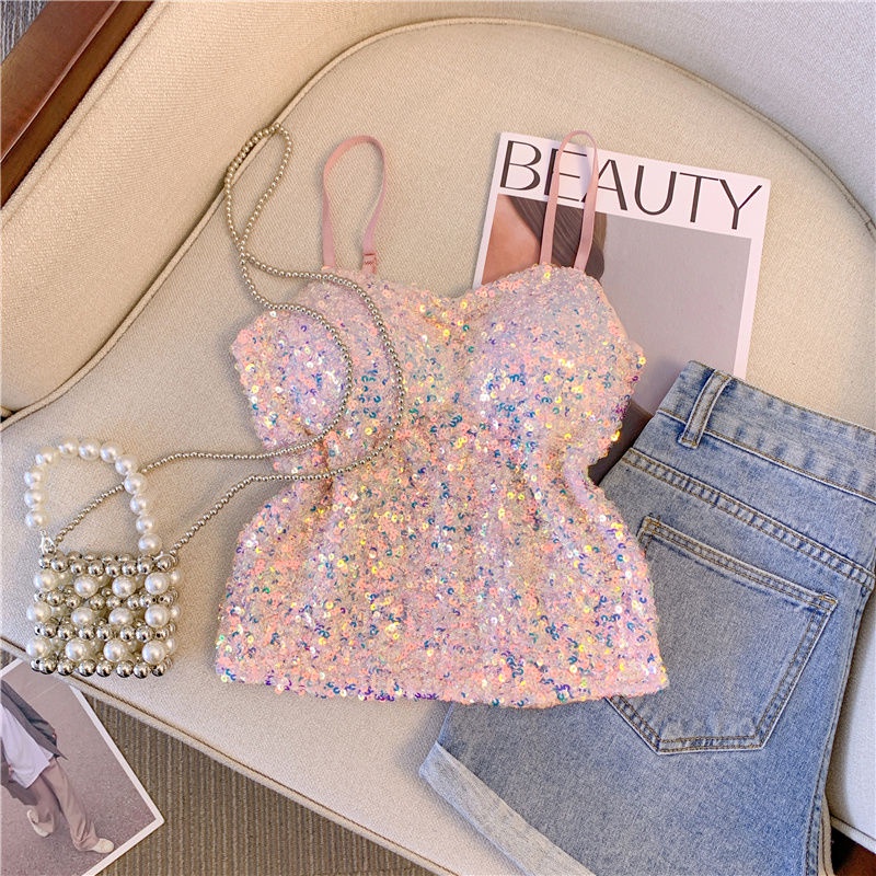 Áo Hai Dây Ôm Dáng Đính Kim Sa Lấp Lánh Quyến Rũ Phong Cách Mới Mùa Hè Cho Nữ