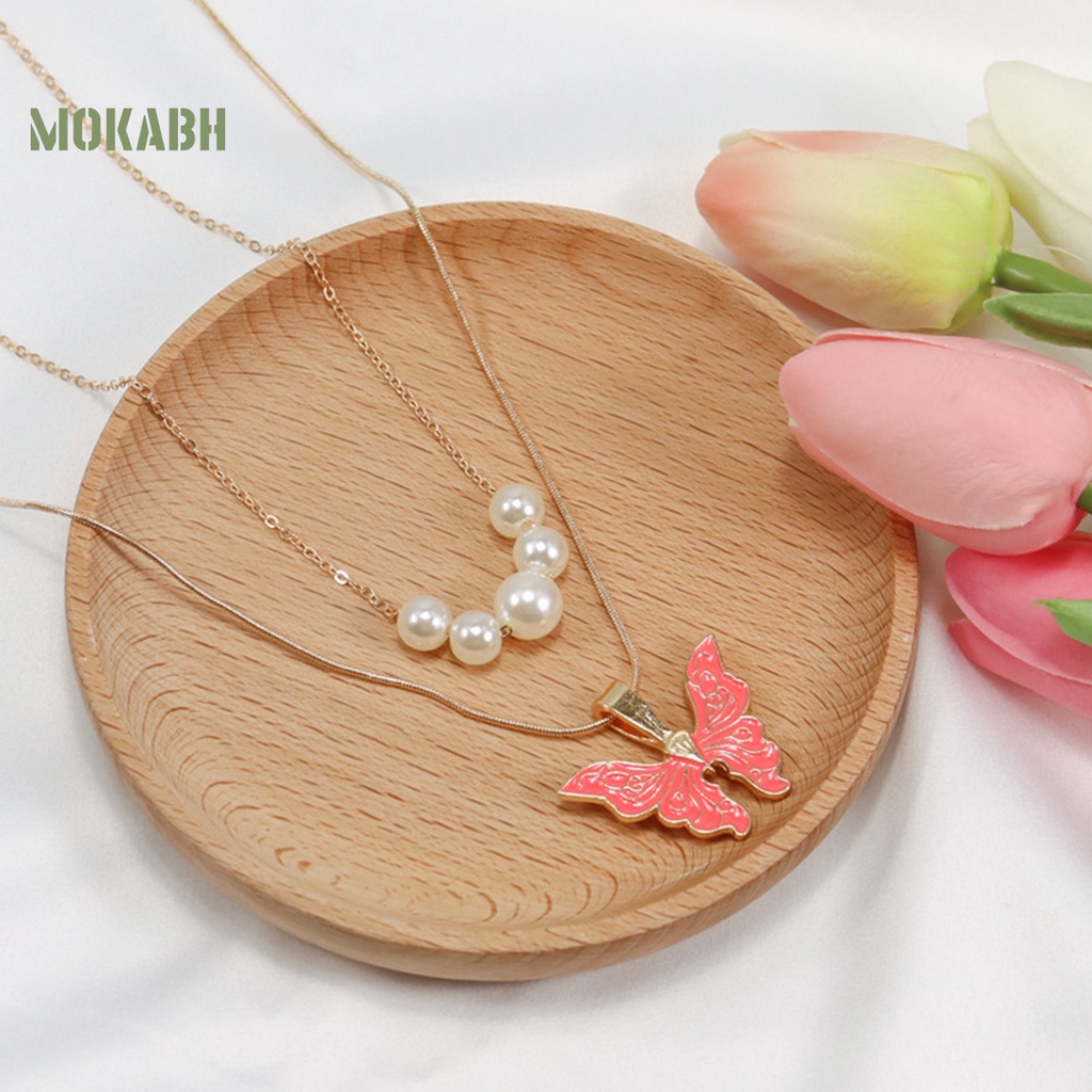 [Mok Abh] Vòng cổ Nhiều Lớp Mặt Hình Bướm Và Ngọc Trai Nhân Tạo Thời Trang Dành Cho Nữ