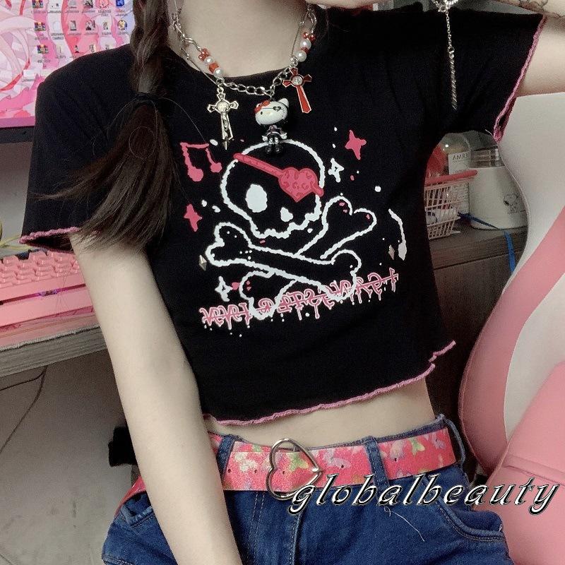 Áo Croptop Ngắn Tay Ôm Dáng In Họa Tiết Bộ Xương Gợi Cảm Cho Nữ