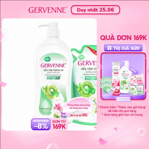 Sữa tắm trắng da Gervenne Kiwi và Bạch Trà 900gr + Túi sữa tắm 380gr (Mùi ngẫu nhiên)