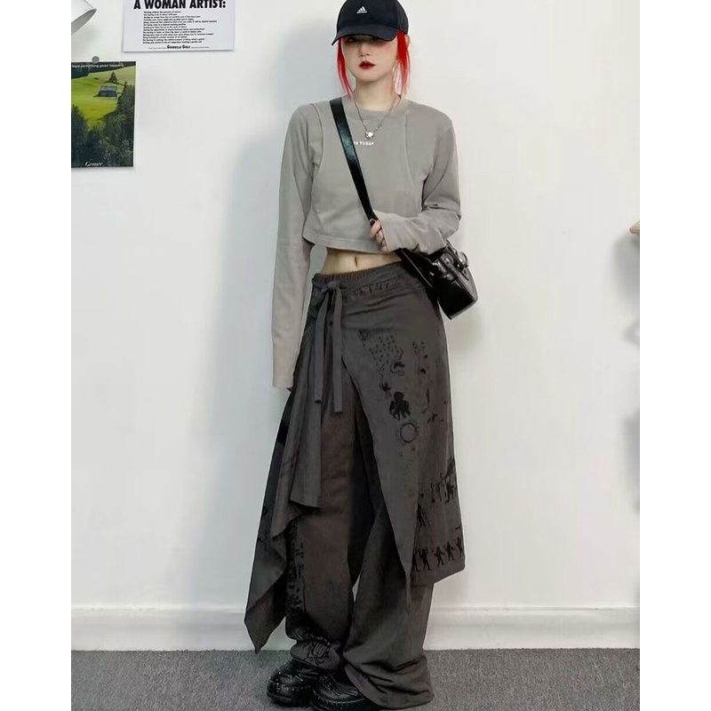 Hakama Quần Dài Dáng Suông Lưng Thun Giả Hai Mảnh Bất Đối Xứng Thời Trang Thường Ngày Cho Cặp Đôi Nam Và Nữ Y