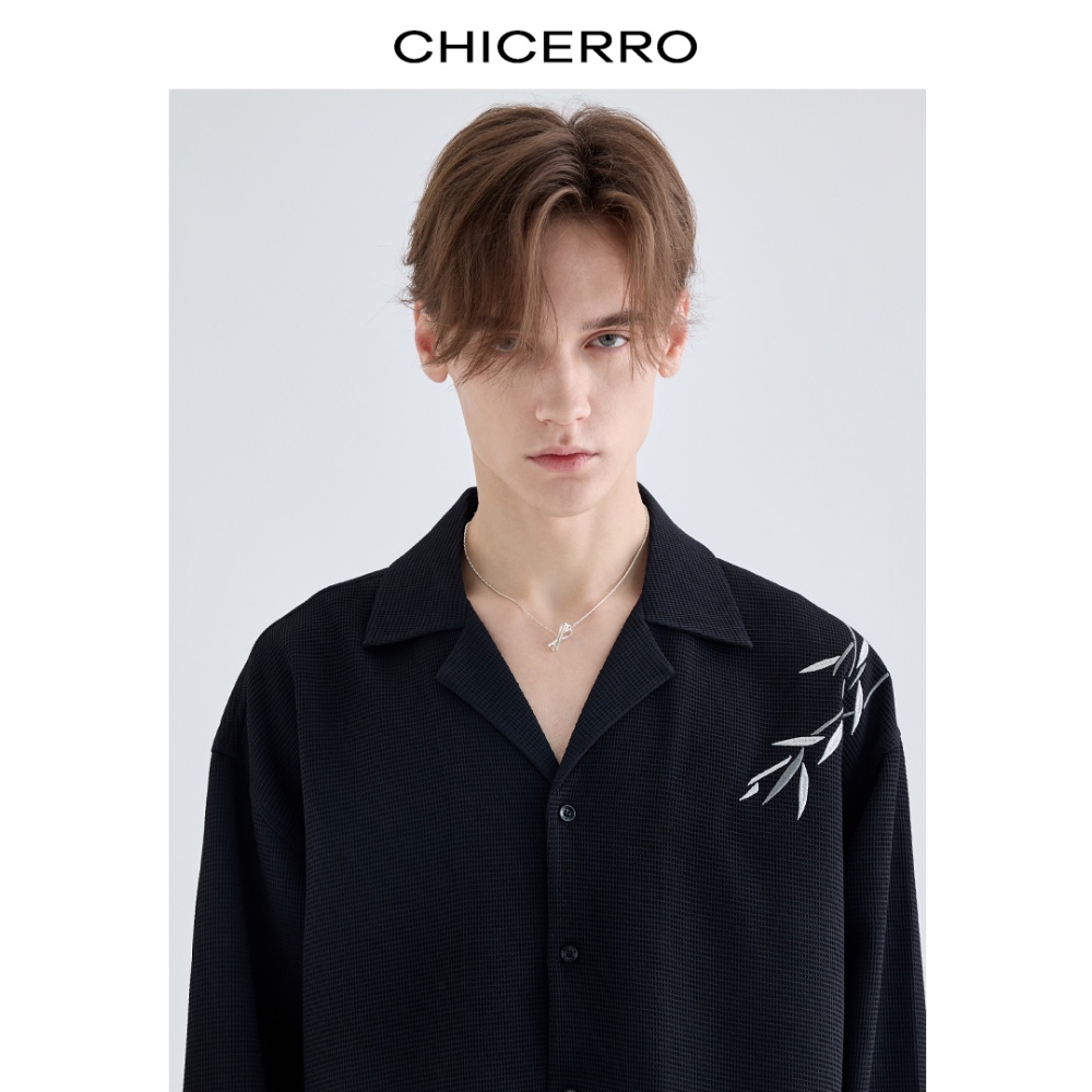 Chicerro Áo Sơ Mi Nam Dài Tay Thêu Họa Tiết Bánh Waffle Trung Hoa Giản Dị Xu Hướng Xuân Hè Mới