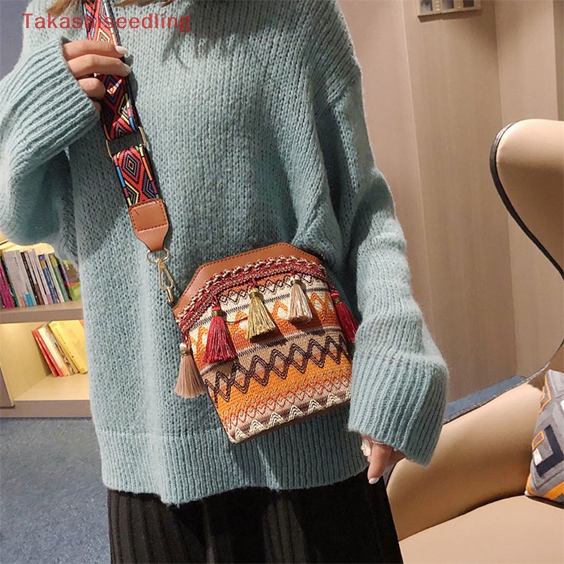 Túi Cói Đeo Chéo Phối Tua Rua Phong Cách Retro Cho Nữ