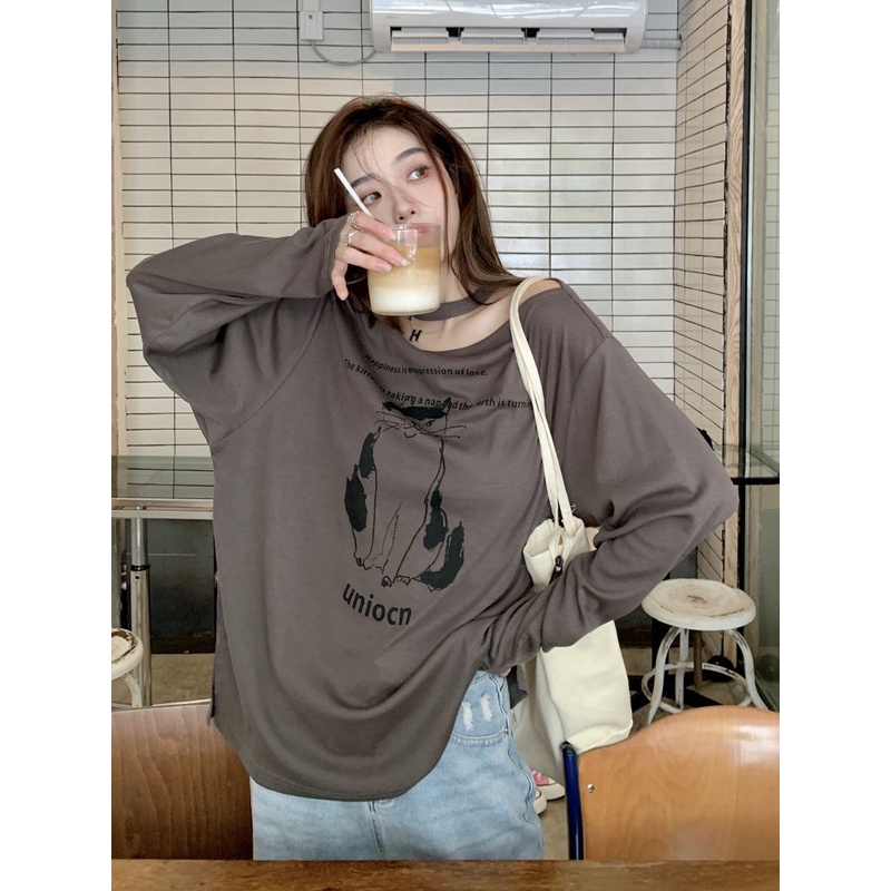 Áo Thun Tay Dài Dáng Rộng Trễ Vai In Họa Tiết Thời Trang Mùa Hè Mới Trẻ Trung Cho Nữ