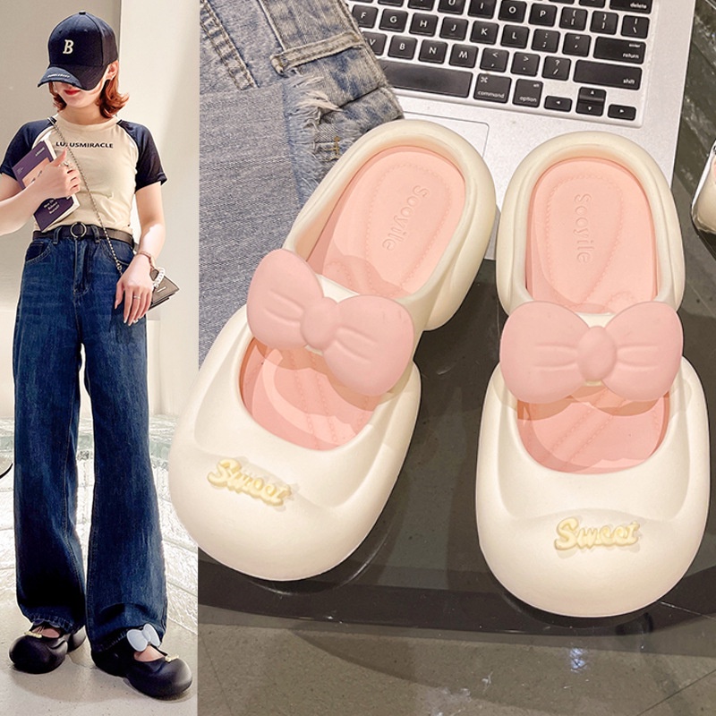 Dép Sandal Đế Dày Đính Nơ Thời Trang Cho Nữ