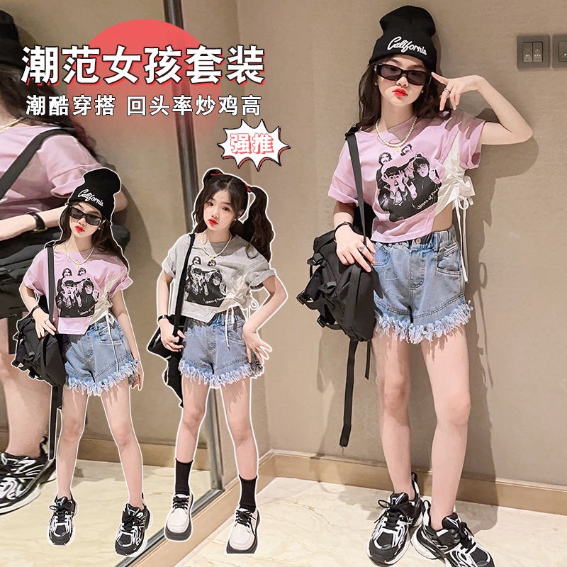 Bộ đồ thời trang mùa hè cho bé gái 2023 new t-shirt + quần short denim cắt xén 4-6-9-13 tuổi quần áo trẻ em