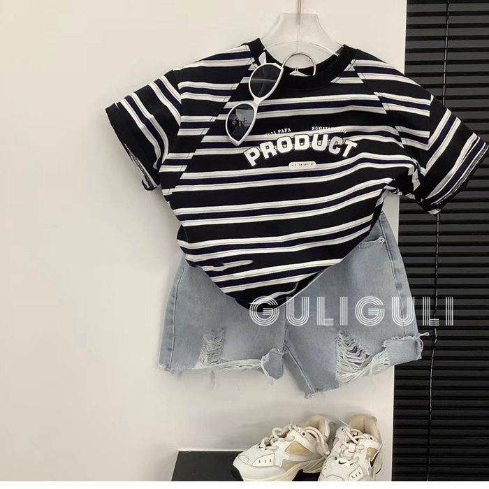 Áo Thun Dáng Rộng Họa Tiết Kẻ Sọc Phong Cách Hàn Quốc Thời Trang Mùa Hè Xinh Xắn Cho Bé