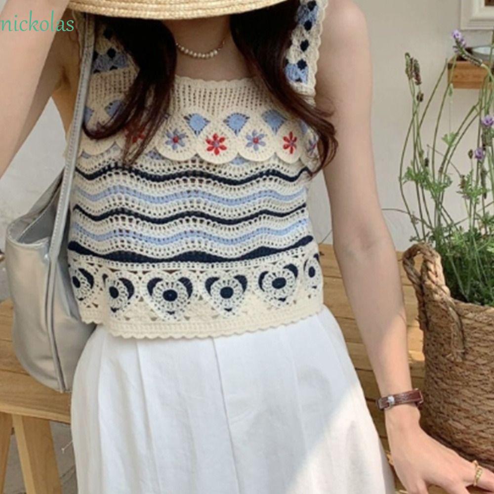 NICKOLAS Áo Dệt Kim Hai Dây Cổ Chữ U Dáng Rộng Phong Cách Bohemia Dành Cho Nữ