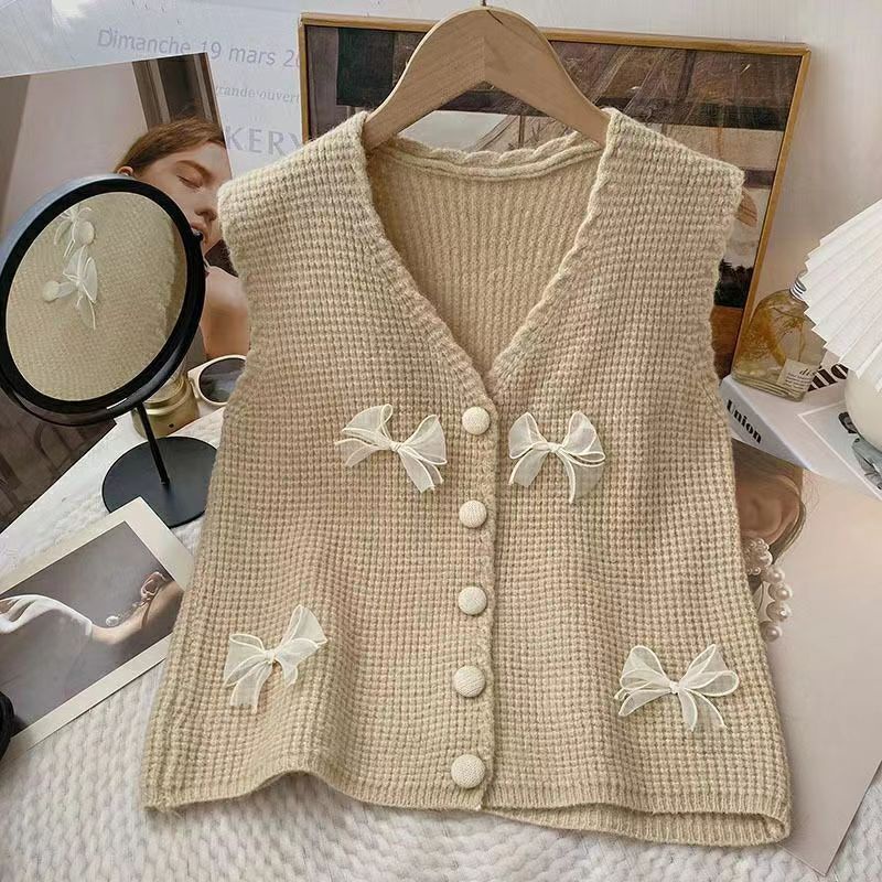 Áo Dệt Kim Không Tay Cổ Chữ V Đính Nơ Thời Trang Mùa Xuân Dành Cho Nữ