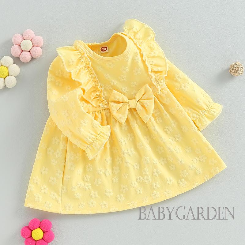 Đầm Chữ A Tay Dài Cổ Tròn Đính Nơ In Hoa Màu Vàng Dành Cho Bé Gái 0-24 Tháng Tuổi