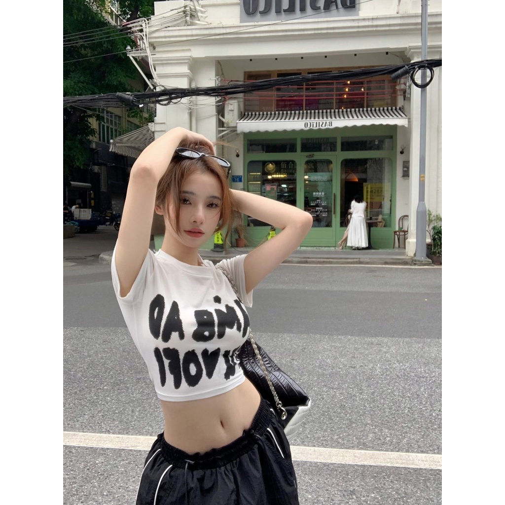 Áo Baby Tee Thun Croptop Nữ  Ngắn Tay Trễ Vai In Chữ Phong Cách Âu Mỹ