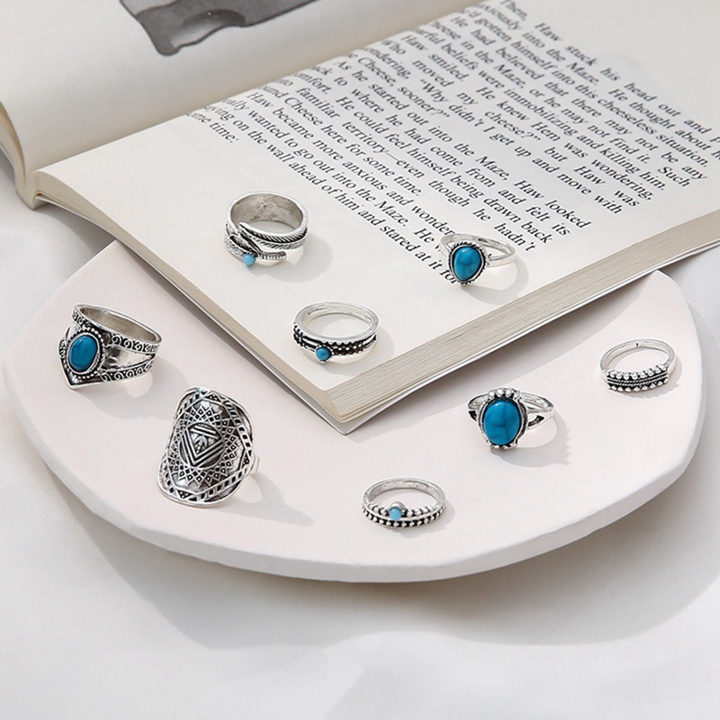 Set 8 Nhẫn Bạc Chạm Khắc Đính Đá Opal Màu Sắc Cổ Điển Phong Cách Bohemian Dành Cho Nam Và Nữ