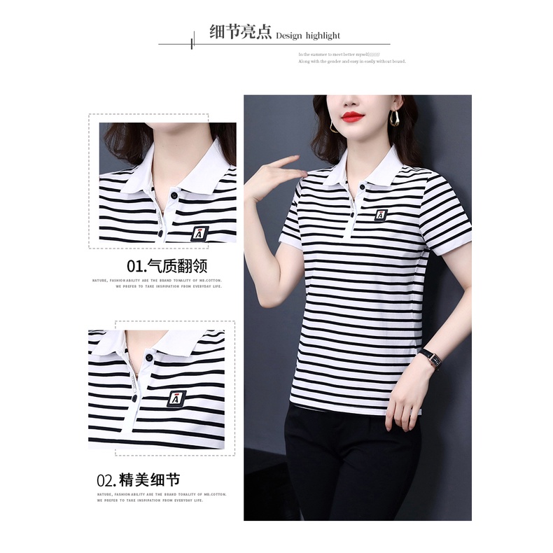 Áo Thun polo Cotton Ngắn Tay Họa Tiết Kẻ Sọc Trắng Đen Thời Trang Mùa Hè Cho Nữ  75841479#