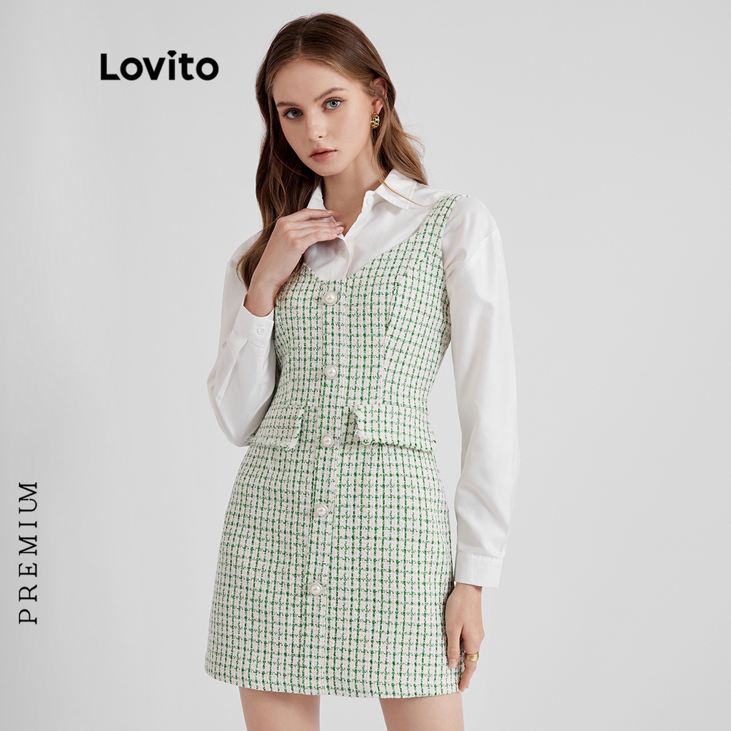 (Lovito Premium) Nút kẻ sọc thanh lịch Phía trước không tay Váy phụ nữ L37ED063 (Xanh lá cây)