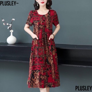 Đầm cotton lụa in hoa có túi thời trang phong cách phương tây cho phụ nữ trung niên / váy mẹ size lớn