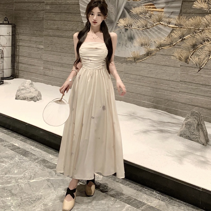 Ielgy Đầm Dài In Họa Tiết Trà Kiểu Pháp Cổ Điển Thanh Lịch Cho Nữ