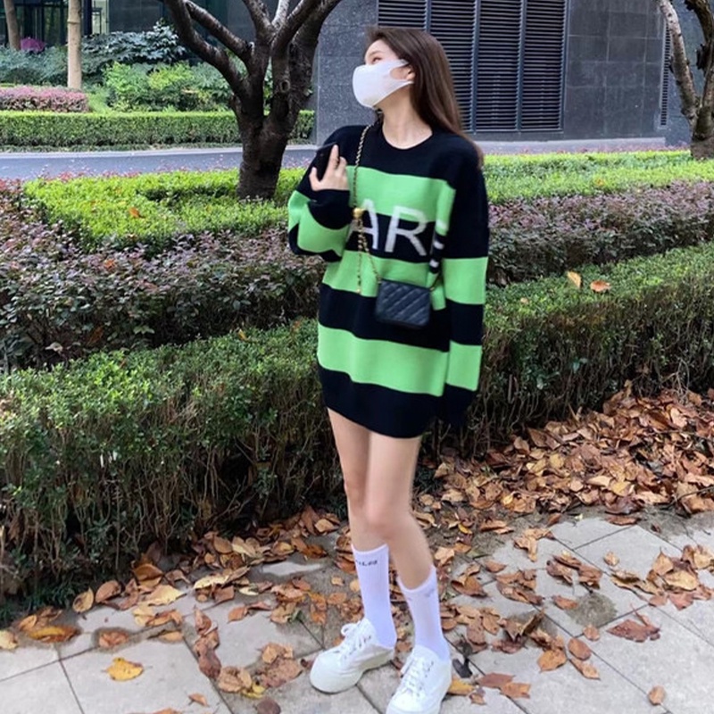 Áo Sweater Dệt Kim Tay Dài Dáng Rộng Cổ Tròn In Chữ Phong Cách Hàn Quốc Thời Trang Cho Nữ