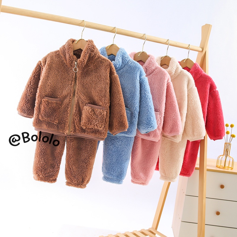 Bololo Bộ Đồ Ngủ Hai Mảnh Tay Dài Bằng Vải Bông Dày Giữ Ấm Dành Cho Trẻ Em