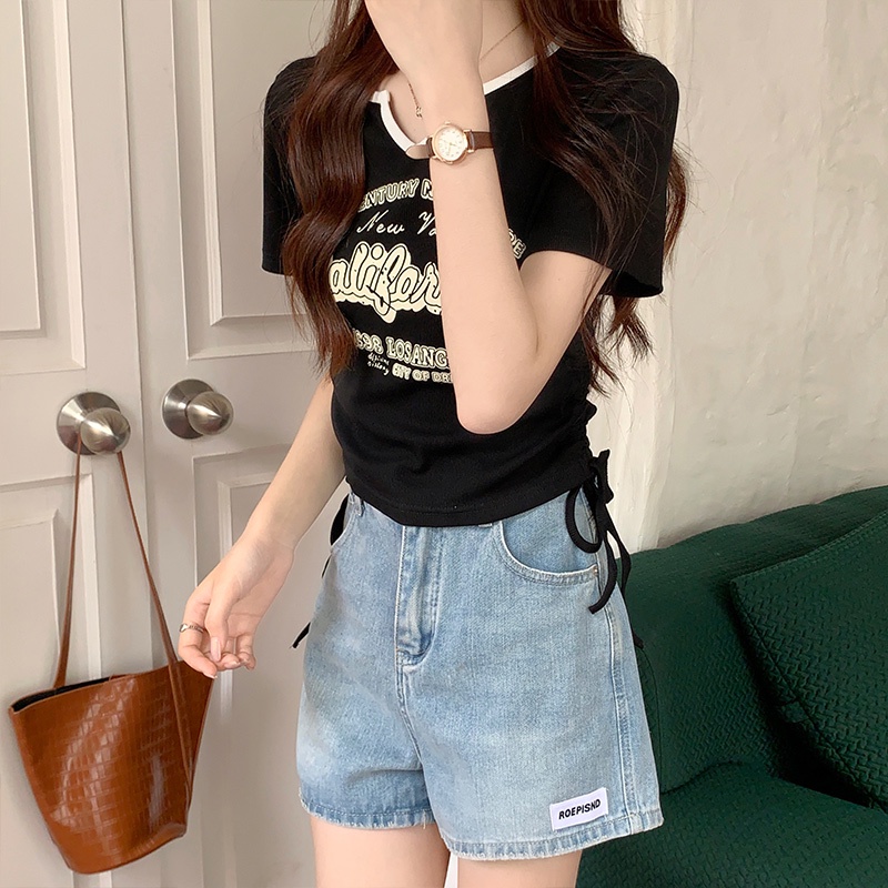 Áo Thun Tay Ngắn Cổ Chữ V In Họa Tiết monogram Tương Phản Thời Trang Hàn Quốc Cho Nữ