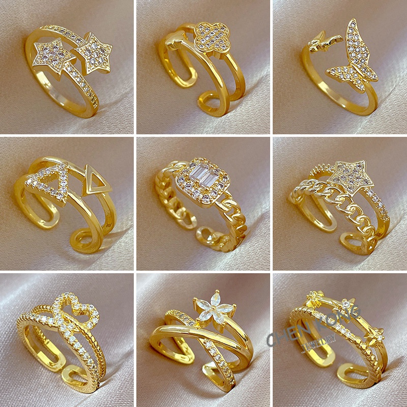Nhẫn Hở Đính Đá Zircon Siêu Lấp Lánh Có Thể Điều Chỉnh Kích Cỡ Ins