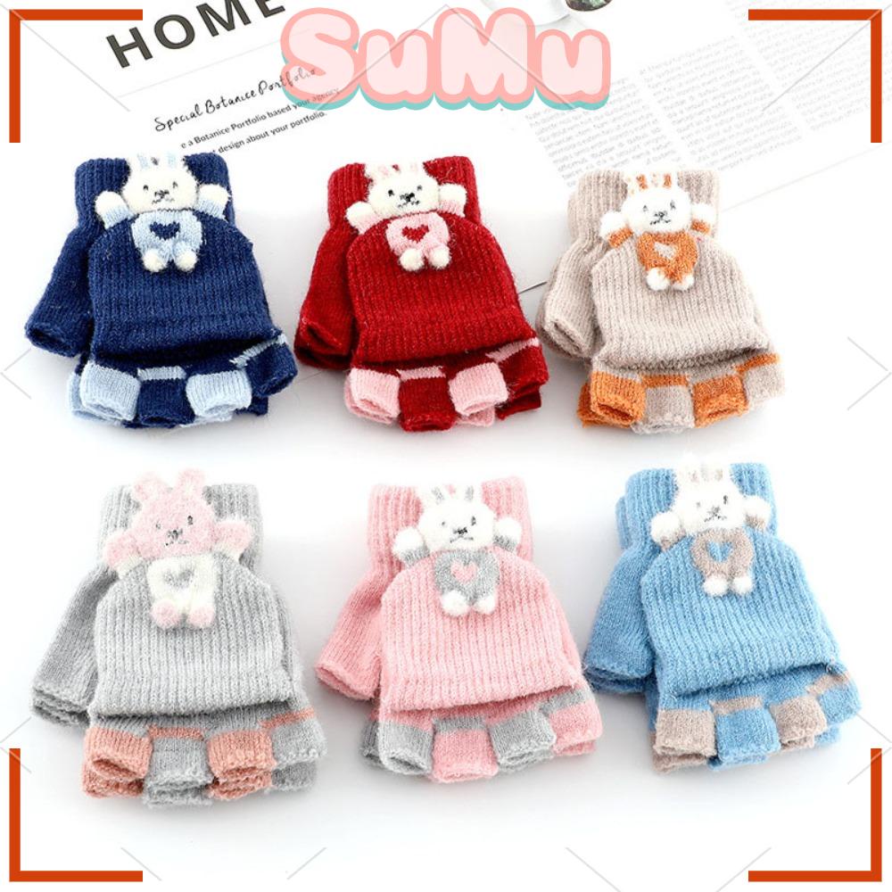 SUMU 1 Đôi Găng Tay Len Hở Ngón Họa Tiết Hoạt Hình Dễ Thương Cho Bé