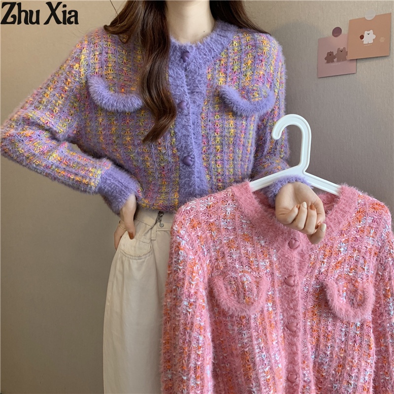 Áo khoác cardigan ZHUXIA dệt kim dáng ngắn cổ tròn màu tím thời trang sang trọng cho nữ