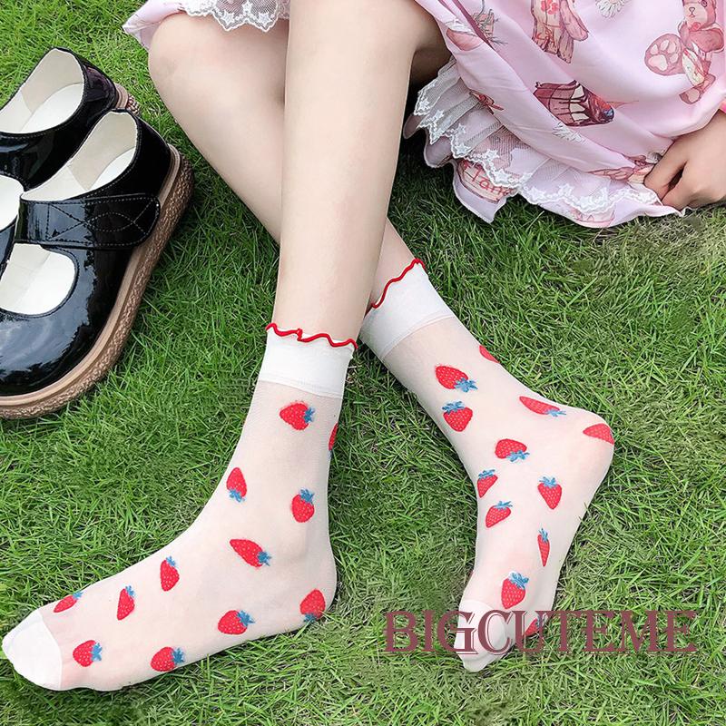 Vớ Lưới Dài Tới Mắt Cá Chân In Họa Tiết Dâu Tây Thoáng Khí Phong Cách Lolita Mặc Hàng Ngày Cho Nữ