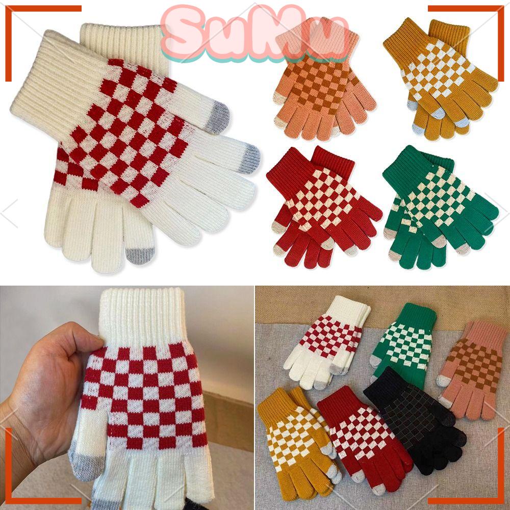 SUMU Găng Tay Dệt Kim Chống Lạnh Họa Tiết Sọc Caro Phụ Kiện May Vá